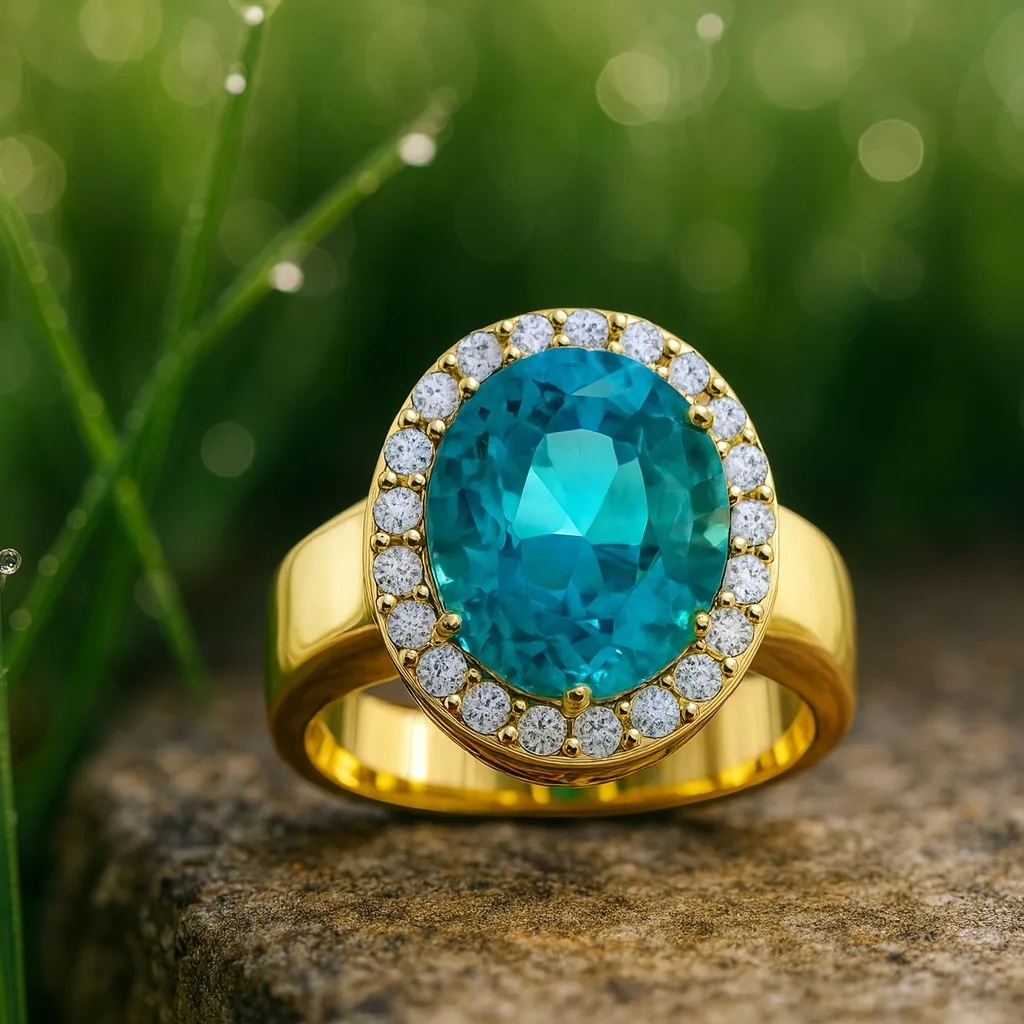 An oval teal gemstone ring with a diamond halo set in yellow gold, resting on a stone with a soft green nature background.