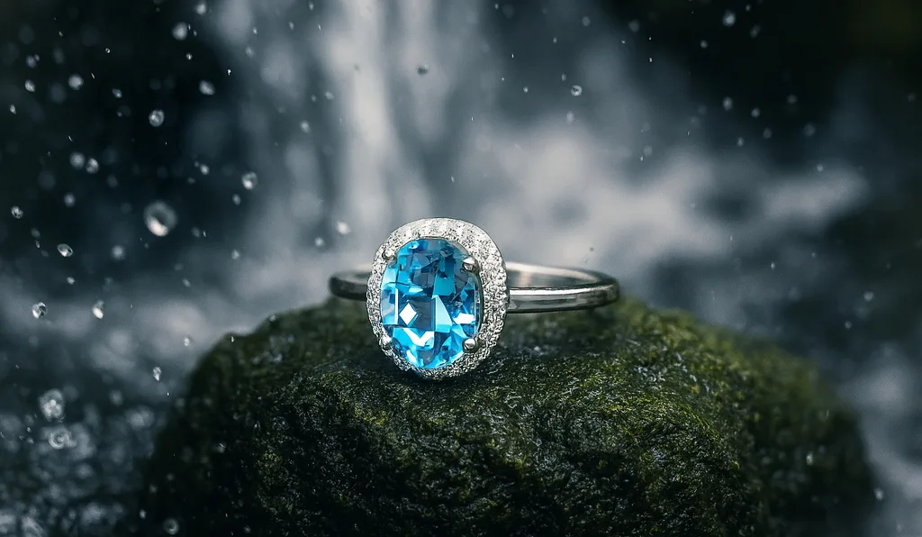Oval blue topaz halo engagement ring on a mossy rock in front of a splashing waterfall.
