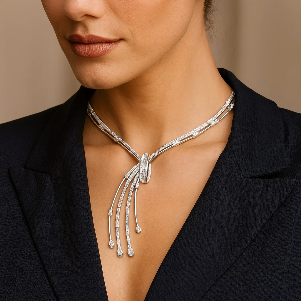 A model in a dark blazer wearing a sophisticated white gold necklace featuring a diamond-encrusted knot and cascading pavé strands.