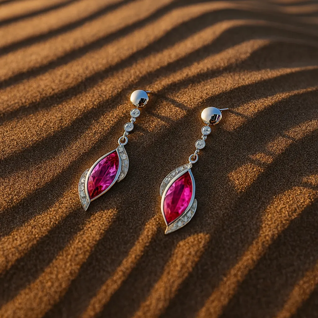Elegant silver drop earrings with marquise-cut pink gemstones and diamond-lined accents, placed on rippled desert sand during golden hour.