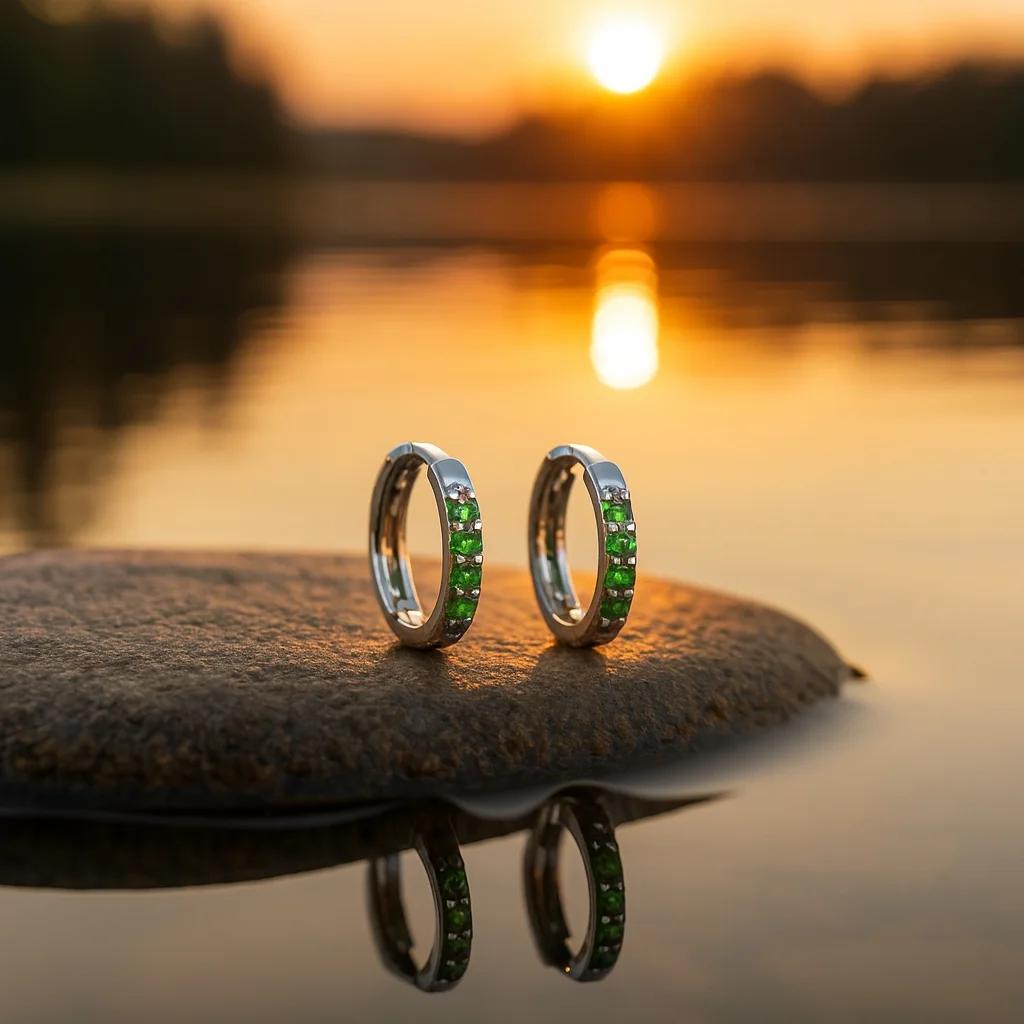 Small silver huggie hoop earrings channel-set with vibrant green emeralds, balanced on a rock in water with a blurred sunset background.