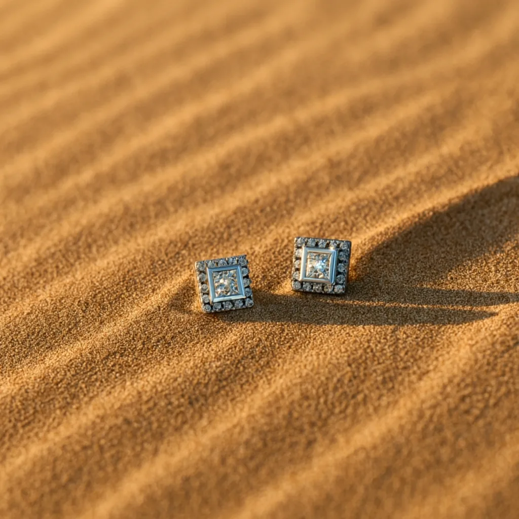 A pair of square-cut diamond stud earrings with a sparkling diamond halo set in white gold, resting on orange desert sand.