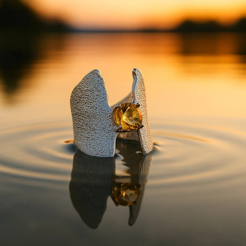 A wide-band textured silver ring featuring a round-cut yellow gemstone, shown floating on calm water with a warm sunset reflection.