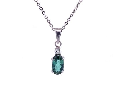 14ct White Gold Oval Green Tourmaline Pendant with Small Natural Diamond handcrafted  14tmah0096