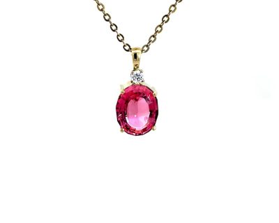 14ct Yellow and White Gold Oval Pink Tourmaline Pendant with Small Natural Diamond handcrafted  14tmah0098