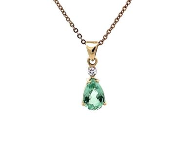14ct Yellow and White Gold Pear-Shaped Light Green Tourmaline Pendant with Small Natural Diamond handcrafted  14tmah0099