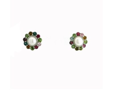 Silver Freshwater Pearl with Multicolour Tourmaline Stud Earrings  ago1172